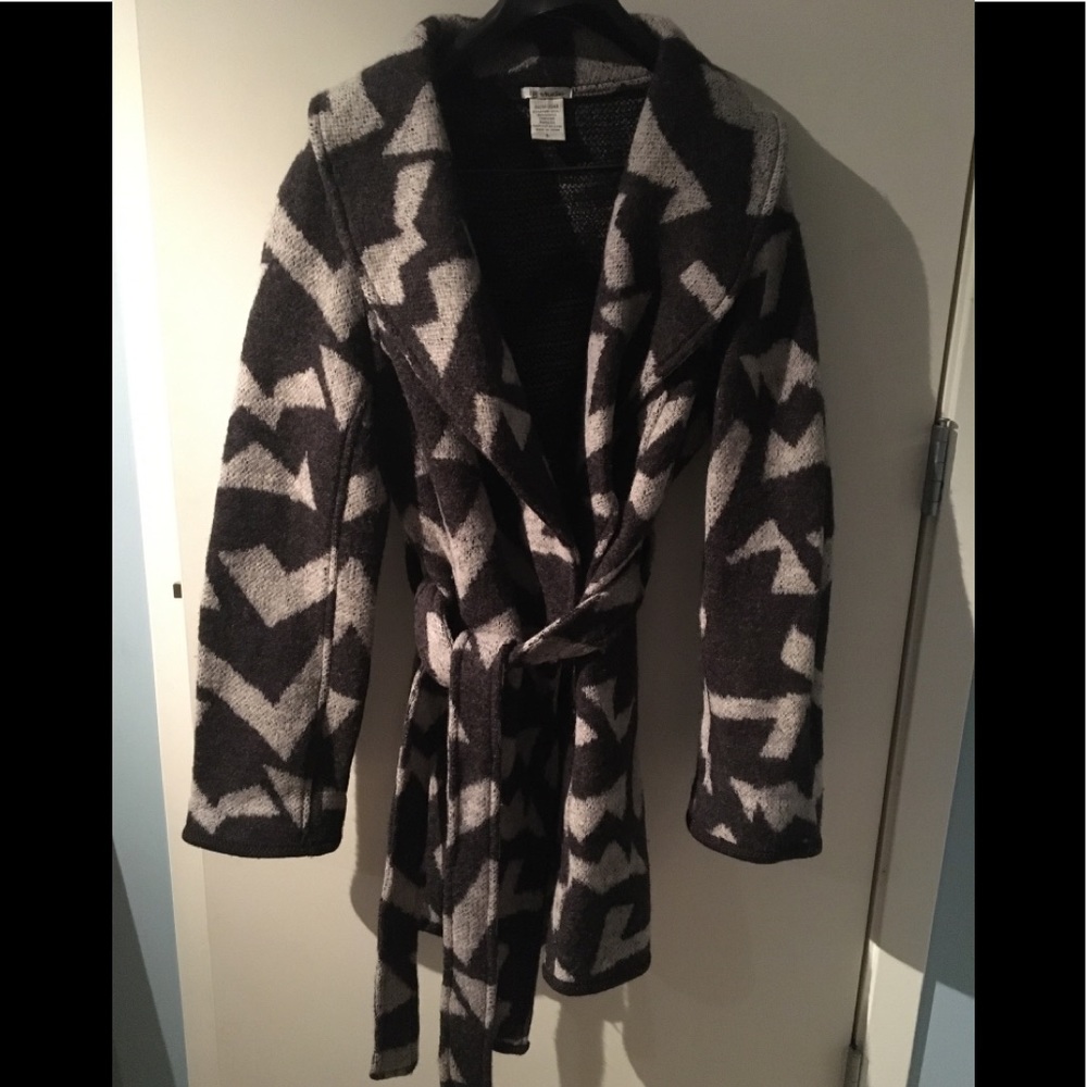 Thick grey abstract wool wrap coat with tie, trench coatigan w/ pockets - WARM!